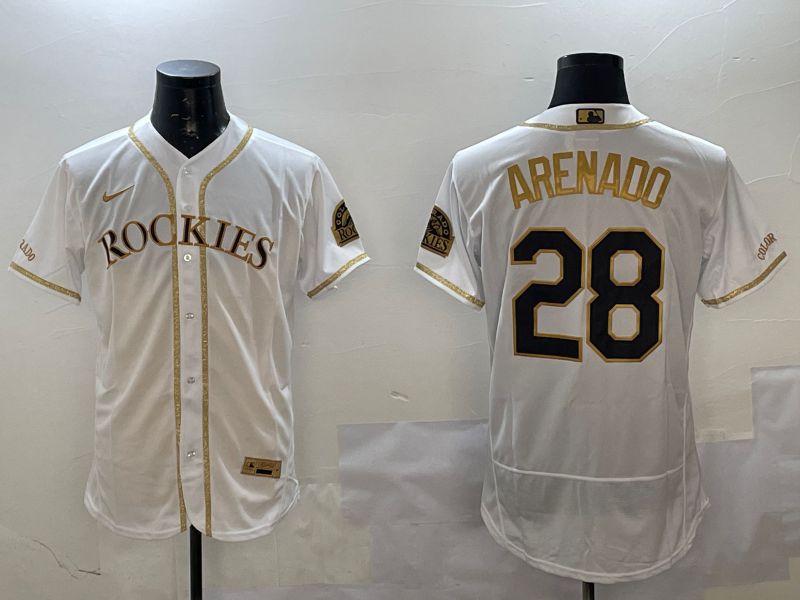 Men Colorado Rockies #28 Arenado White Gold Elite 2025 Nike MLB Jersey style 1->colorado rockies->MLB Jersey
